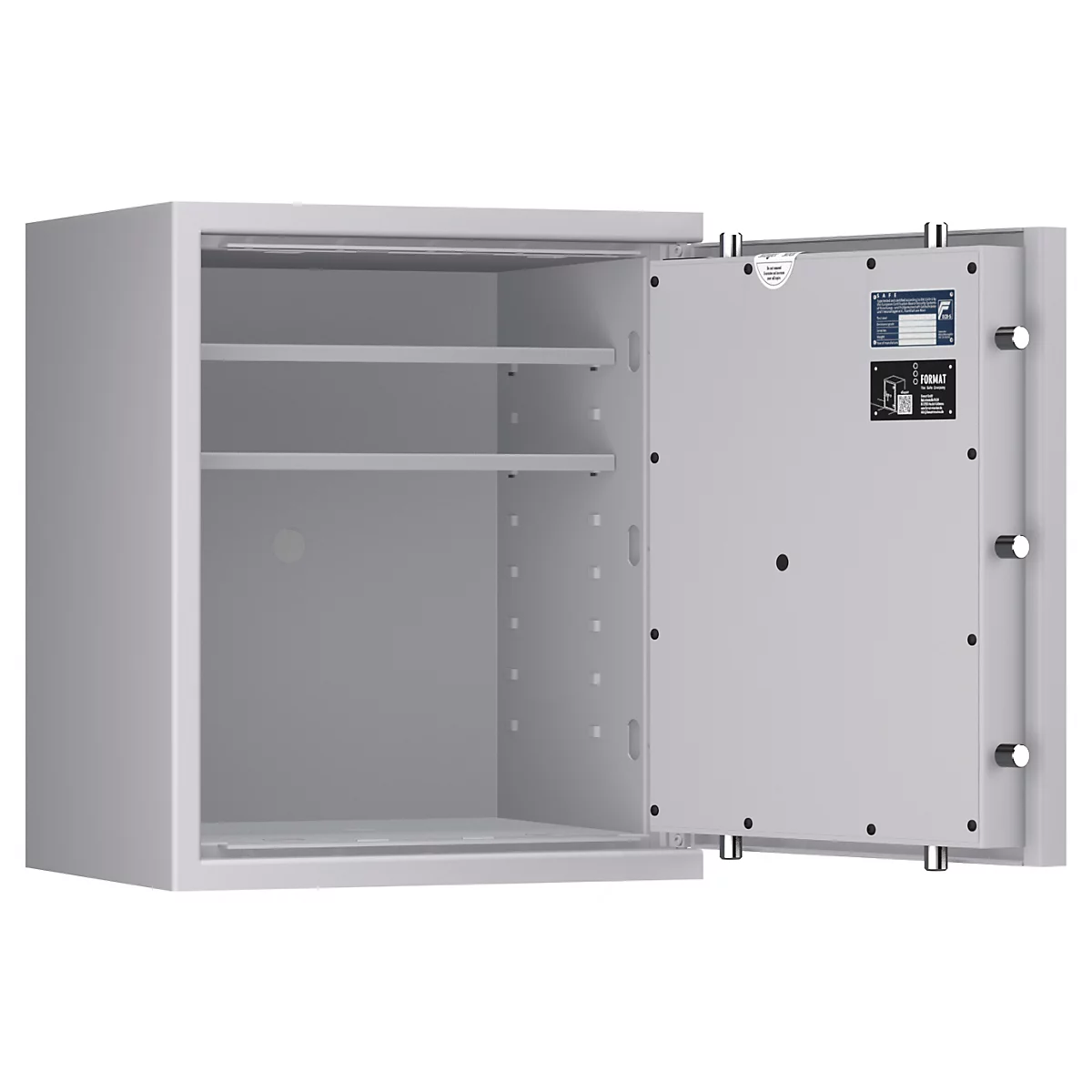 Tresor Lyra 3, Widerstandsgrad 0 nach EN 1143-1, Volumen 66 l, Türanschlag rechts, Doppelbartschloss mit 2 Schlüsseln, 2 Fachböden, inkl. Verankerungsmaterial, B 500 x T 420 x H 605 mm, lichtgrau RAL 7035