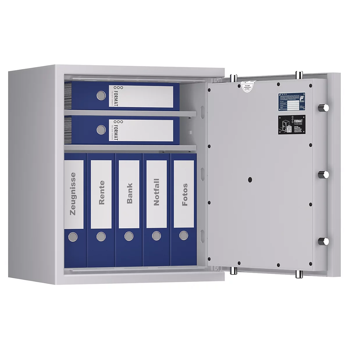 Ein geöffneter Tresor mit Ordnern, beschriftet mit "Zeugnisse", "Rente", "Bank", "Notfall" und "Fotos".