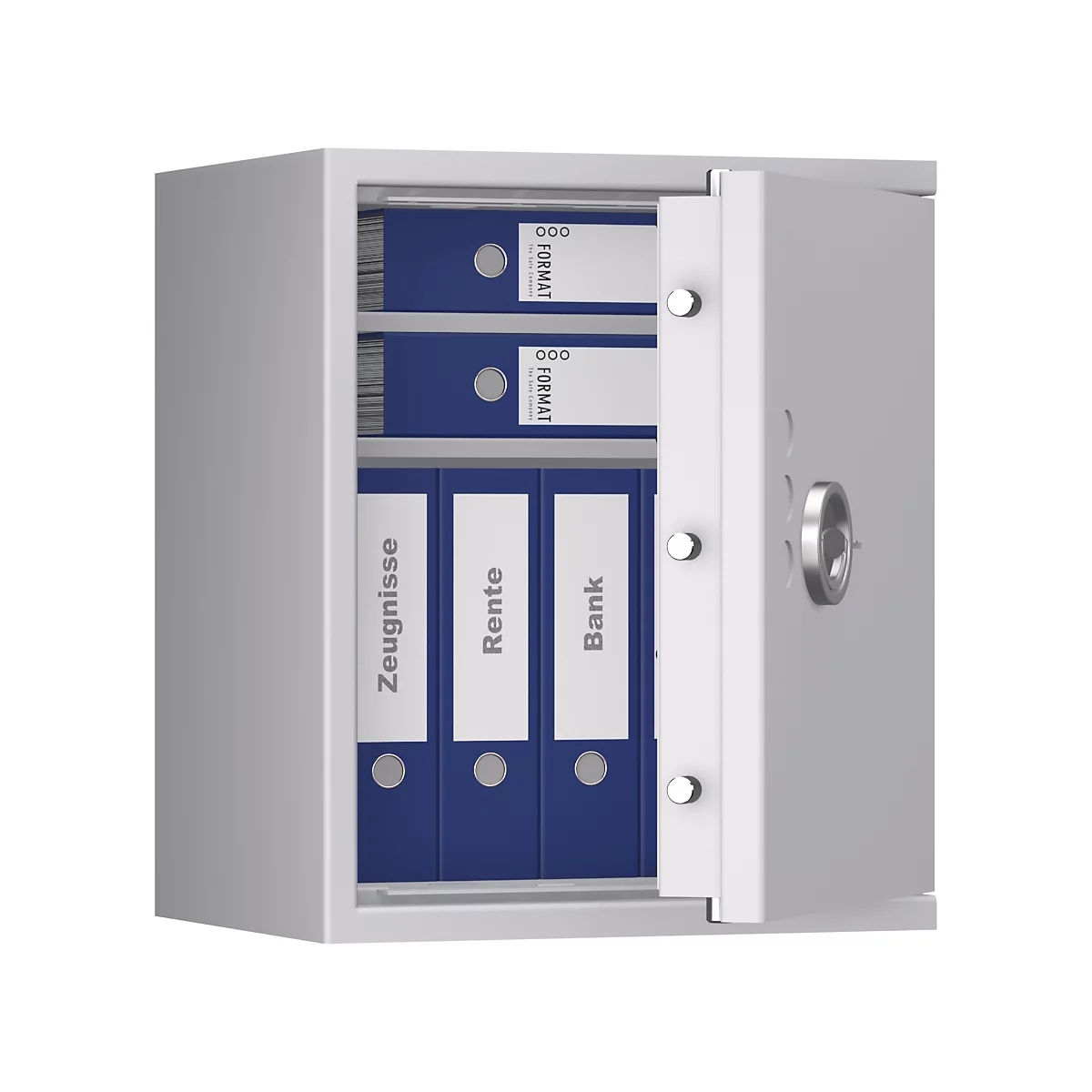 Ein geöffneter, grauer Tresor mit blauen Ordnern. Auf den Ordnern stehen die Begriffe „Zeugnisse“, „Rente“ und „Bank“.