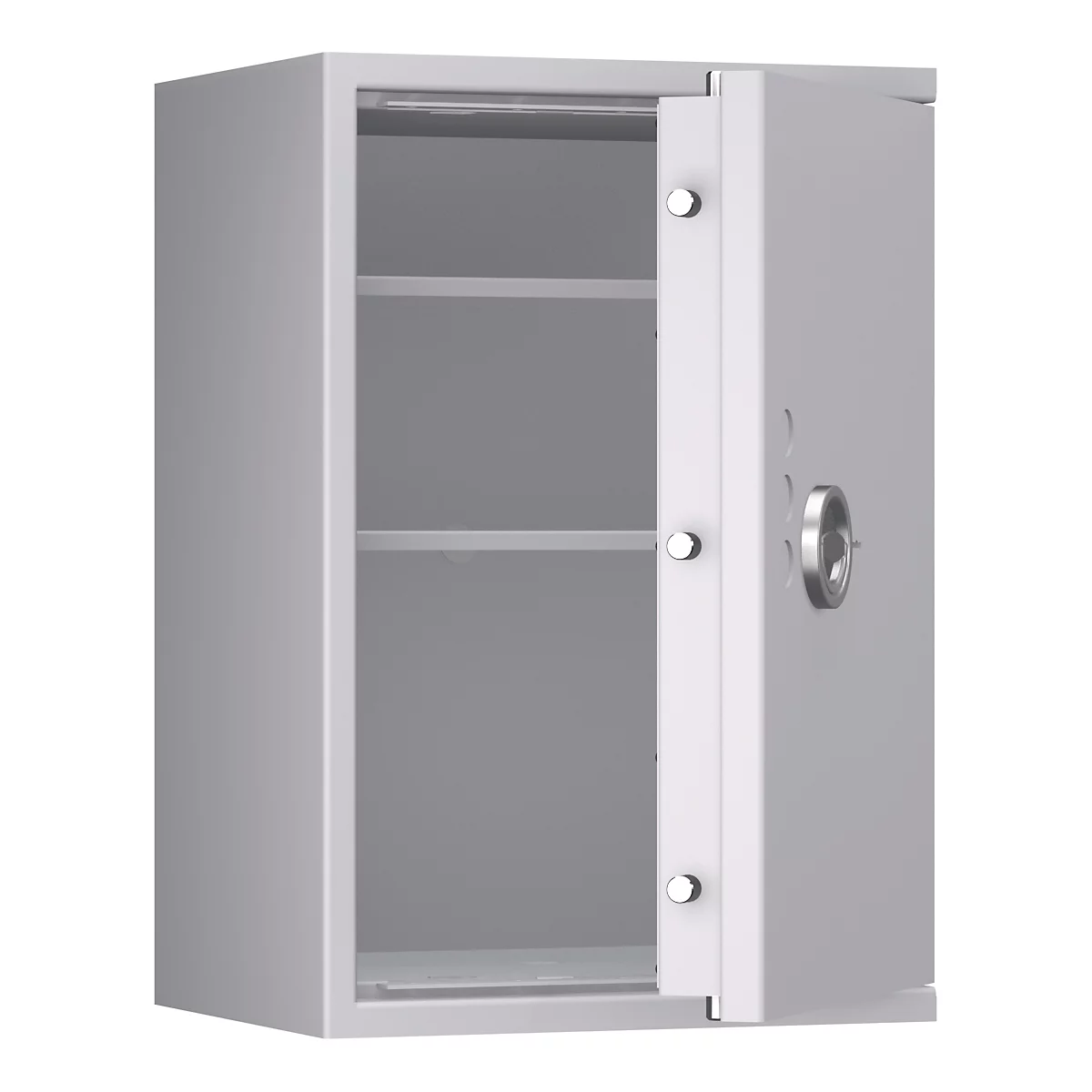 Grauer Wandschrank mit geöffneter Tür. Innenliegend zwei Einlegeböden.