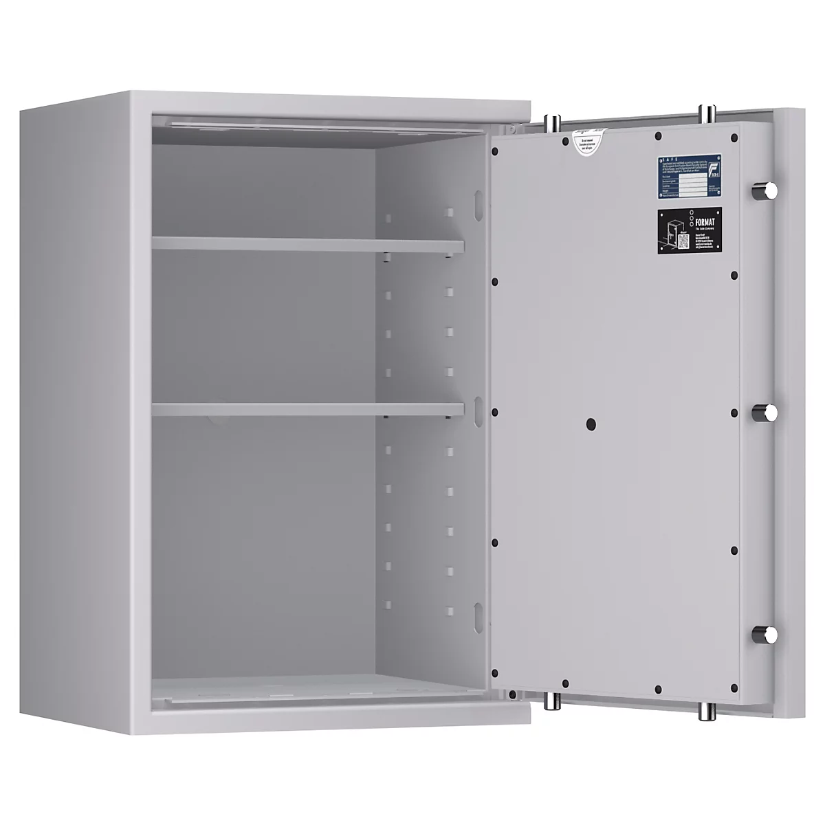 Grauer Tresor, offene Tür, mit Regalen. Auf der Innenseite der Tür sind Aufkleber angebracht.