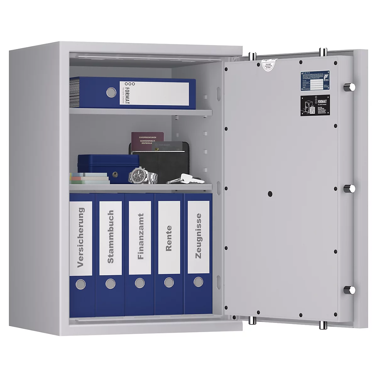 Offener Tresor mit Aktenordnern und anderen Wertgegenständen, wie Uhren und Papieren.