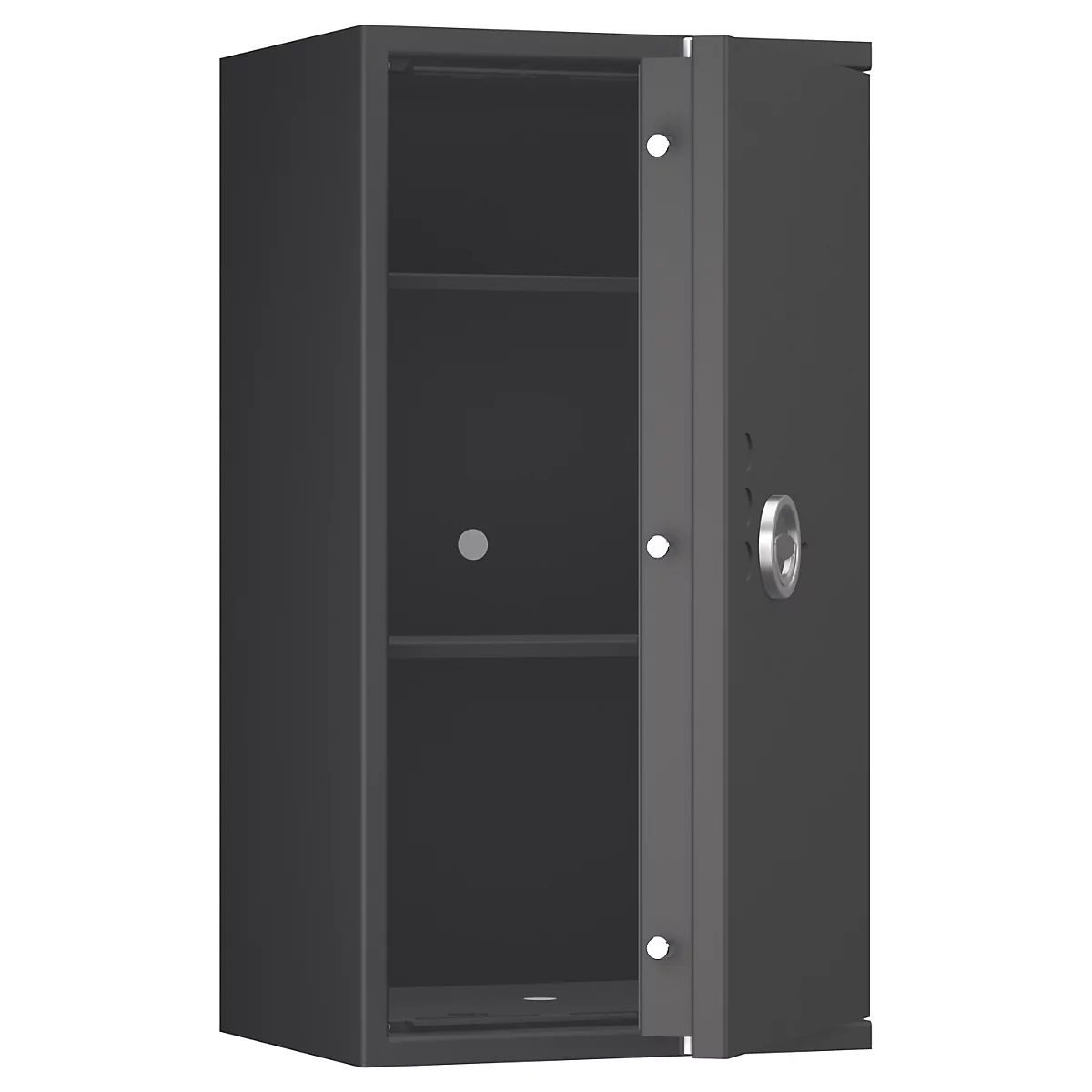 Dunkelgrauer Stahlschrank mit offener Tür. Innen zwei Regalböden. Silberner Drehgriff und Scharniere.