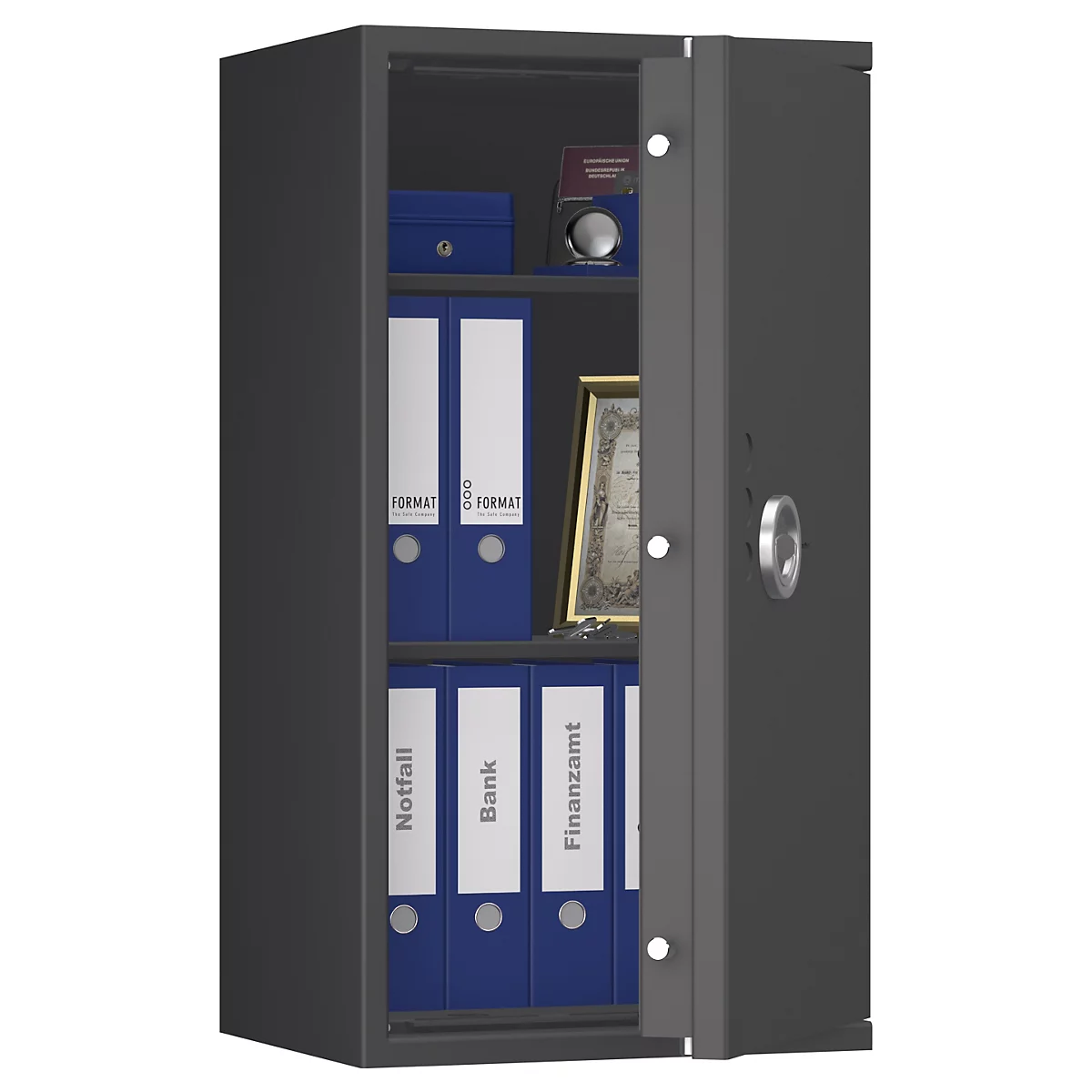 Grauer Tresor mit offener Tür. Innen liegen Ordner und eine Urkunde.