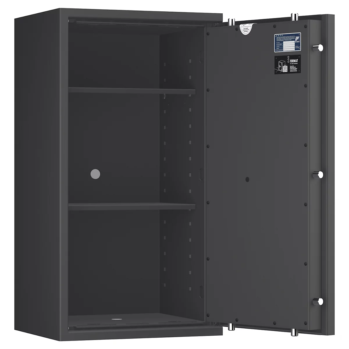 Ein geöffneter, grauer Tresor, Innenraum mit zwei Einlegeböden. Das Türinnere zeigt ein Schild mit Informationen.