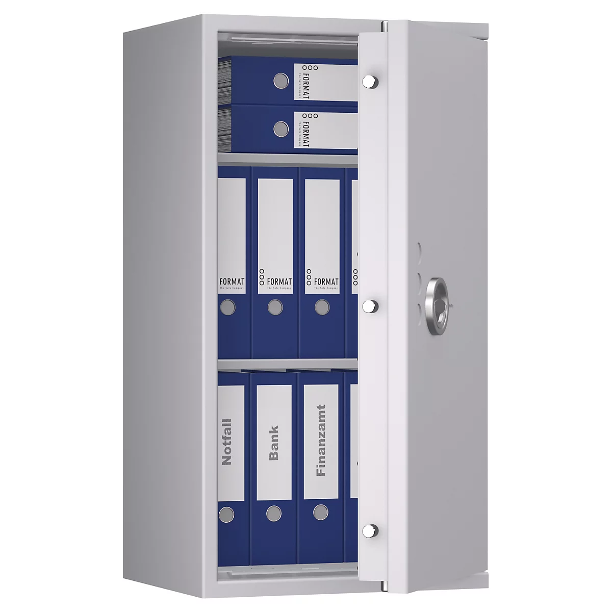 Grauer Tresor mit geöffneter Tür, gefüllt mit blauen Ordnern. Auf den Ordnern stehen Namen wie "Notfall" und "Finanzamt".