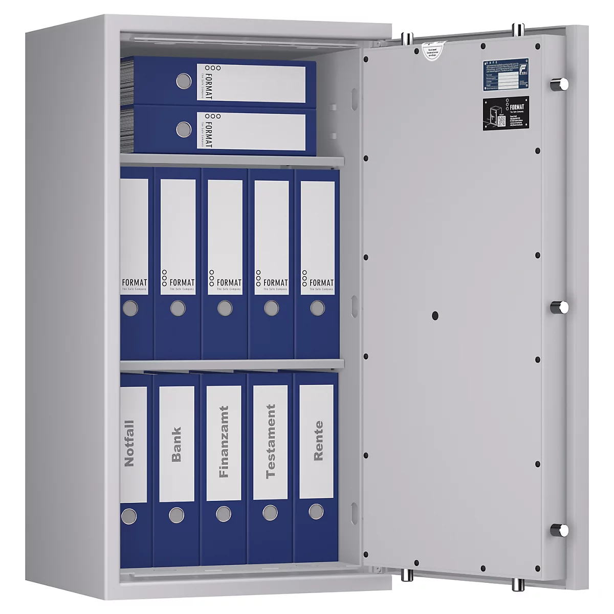 Ein offener, grauer Tresor mit blauen Ordnern. Einige Ordner haben weiße Beschriftungen, darunter "Notfall" und "Finanzamt".