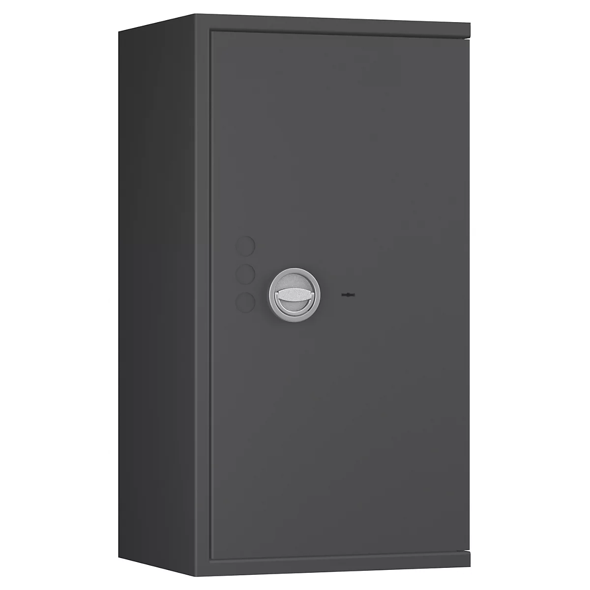 Grauer Tresor, leicht perspektivisch, mit silbernem Drehknopf und drei Knöpfen.