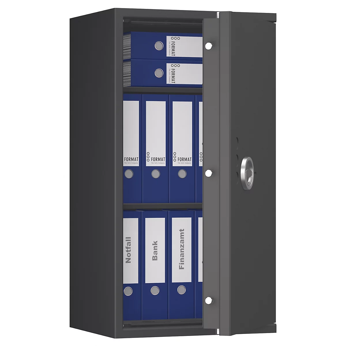 Ein geöffneter, grauer Stahlschrank mit blauen Ordnern. Auf den Ordnern stehen die Aufschriften "Notfall", "Bank" und "Finanzamt".