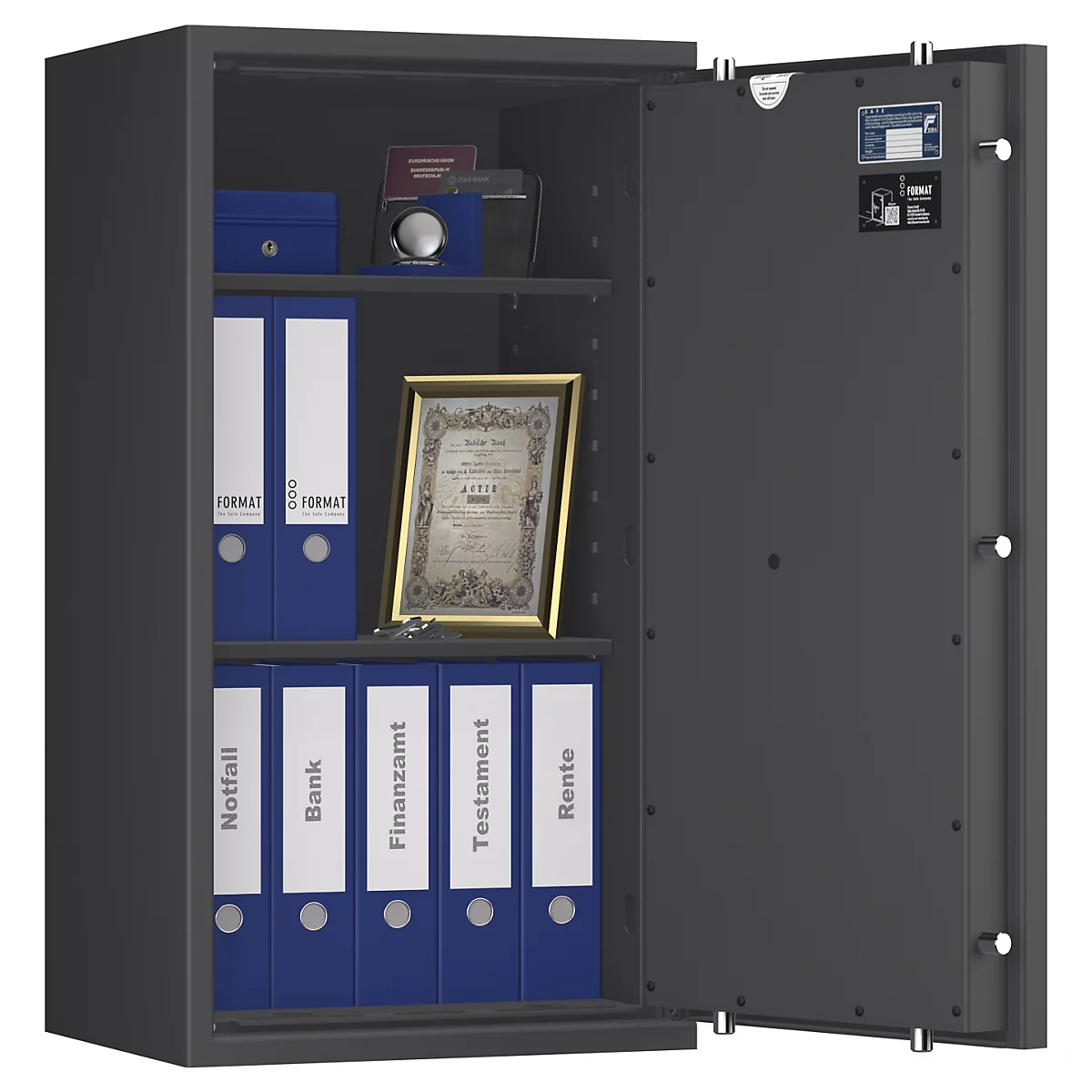 Grauer Tresor, geöffnet. In den Fächern Ordner, Schmuck, Zertifikat, Schlüssel. Auf den Ordnern stehen: Notfall, Bank, Finanzamt, Testament, Rente.