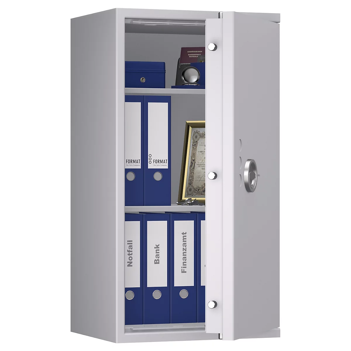 Grauer Tresor mit geöffneter Tür. Blaue Ordner, Dokumente und ein Zertifikat sind zu sehen.
