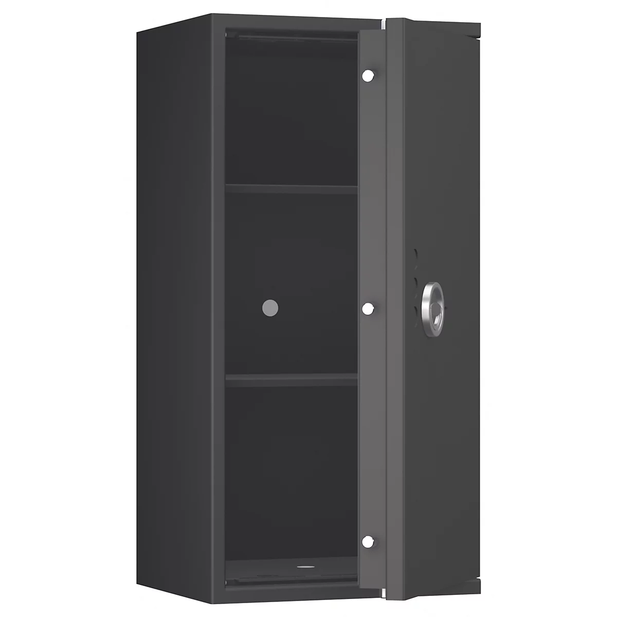 Ein schwarzer Stahlschrank, dessen Tür geöffnet ist und Einblick in die Regale gewährt.