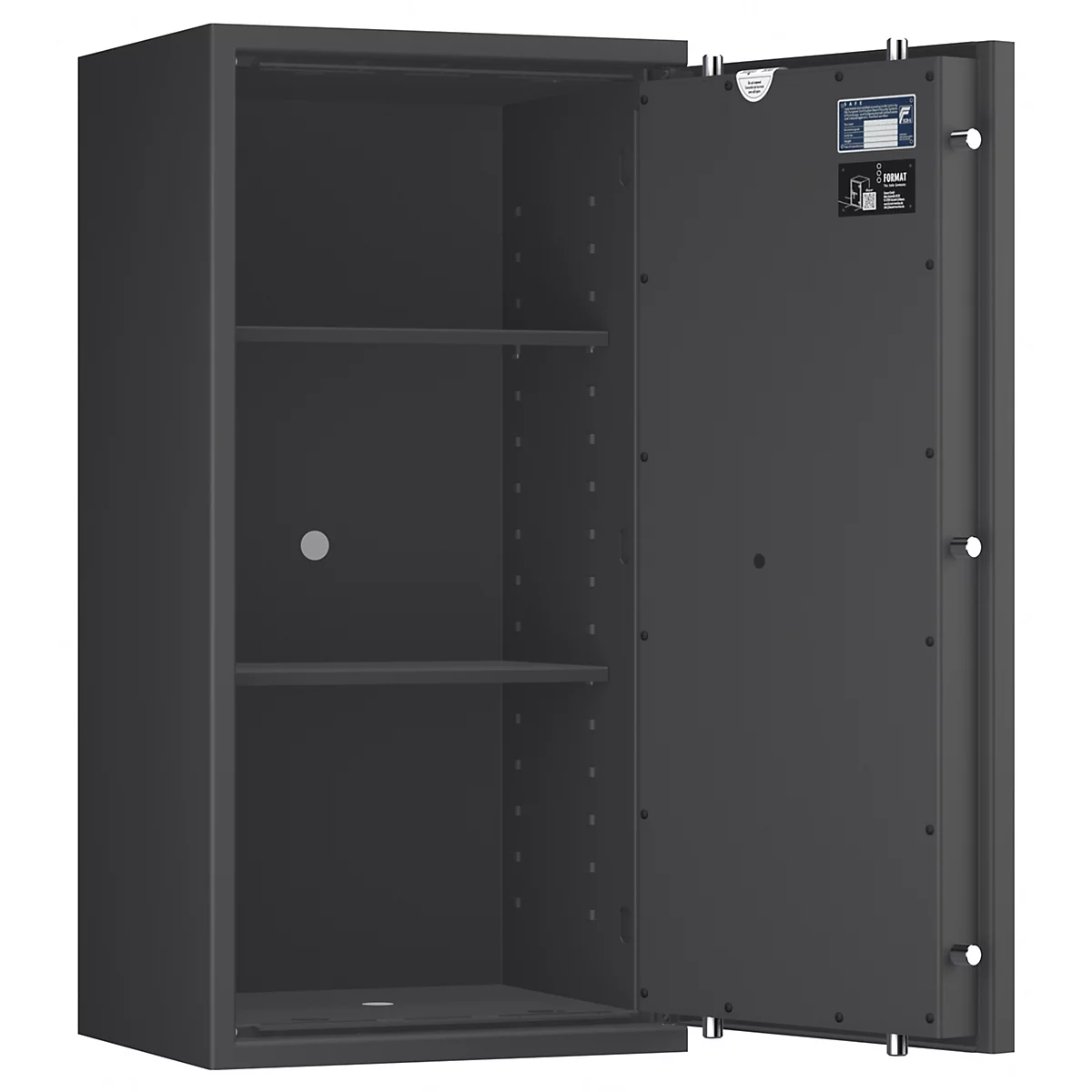 Grauer Tresor, offene Tür, zwei Einlegeböden. Auf der Tür sind kleine Schilder zu sehen.