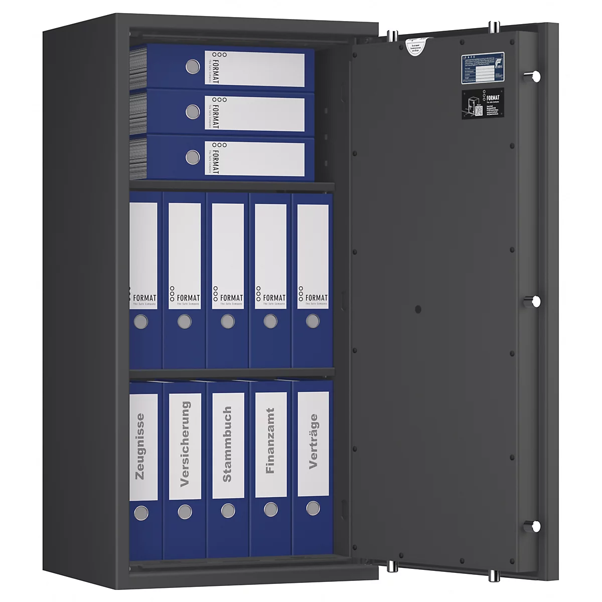 Grauer Tresor, geöffnet. Darin blaue Ordner mit weißen Schildern, beschriftet mit Begriffen wie "Zeugnisse" und "Verträge".