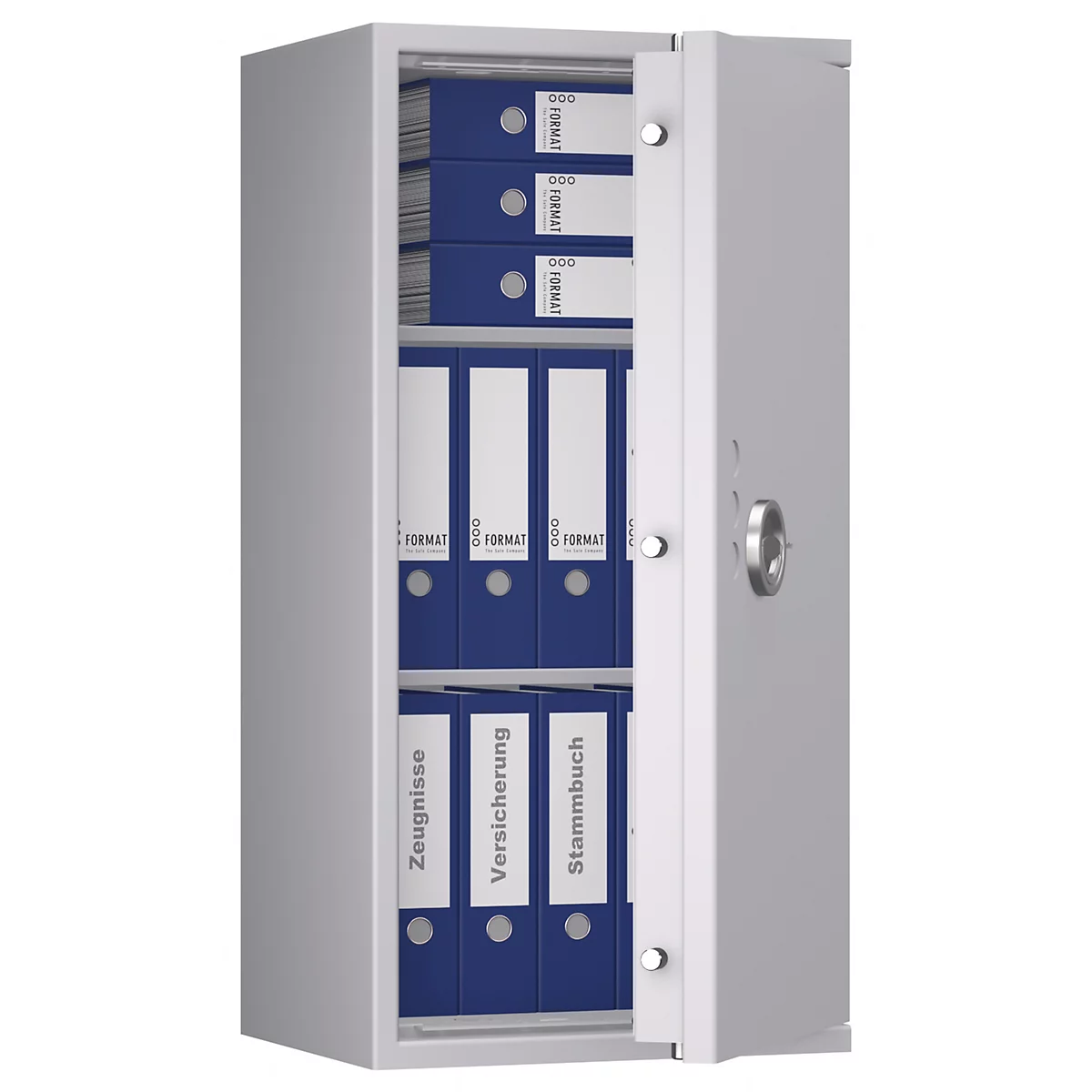 Grauer Tresor, halb geöffnet, mit blauen Aktenordnern. Beschriftungen: Zeugnisse, Versicherung, Stammbuch.