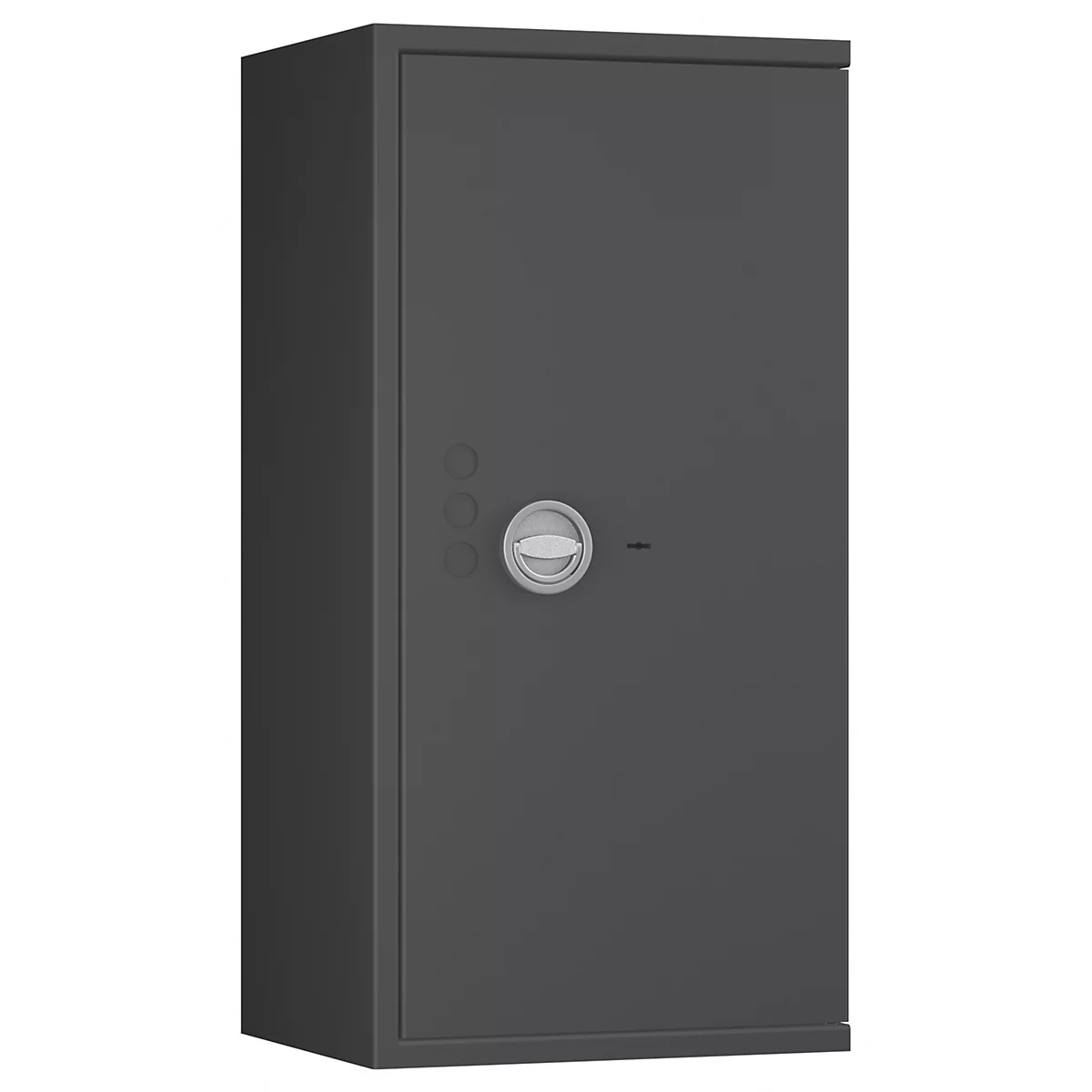Ein grauer Tresor steht vor weißem Hintergrund. Er hat ein rundes silbernes Schloss und drei kleine Knöpfe daneben.