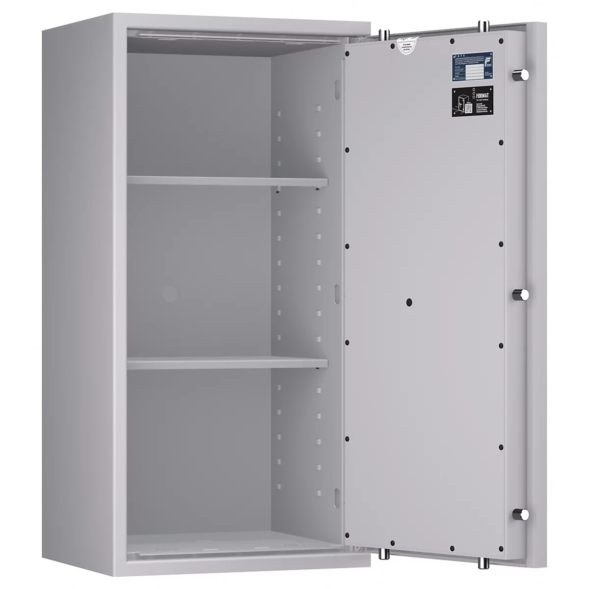Grauer Tresor mit geöffneter Tür. Innen sind drei Regale zu sehen. Auf der Tür sind Zertifikate angebracht.