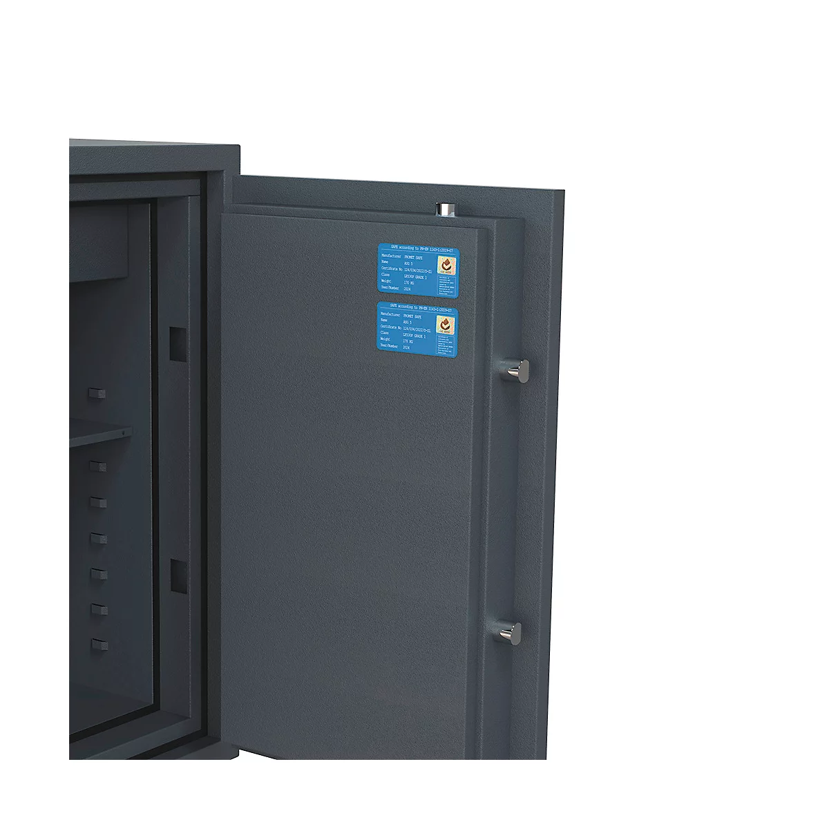 Geöffnete Tür eines dunkelgrauen Stahlsafes mit zwei blauen Informationsaufklebern an der Innenseite.