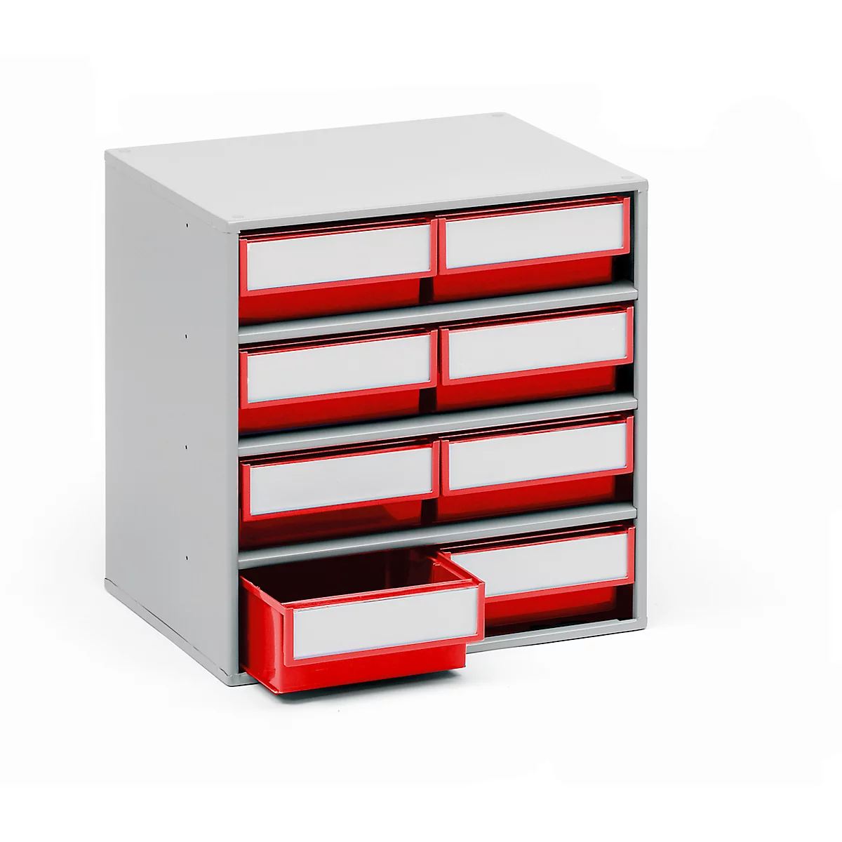 Grey cabinet with eight red drawers, one is open. Each drawer has a white label.