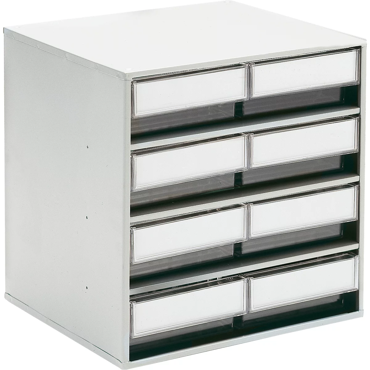 Gray storage tower with eight drawers, each with a white name tag.