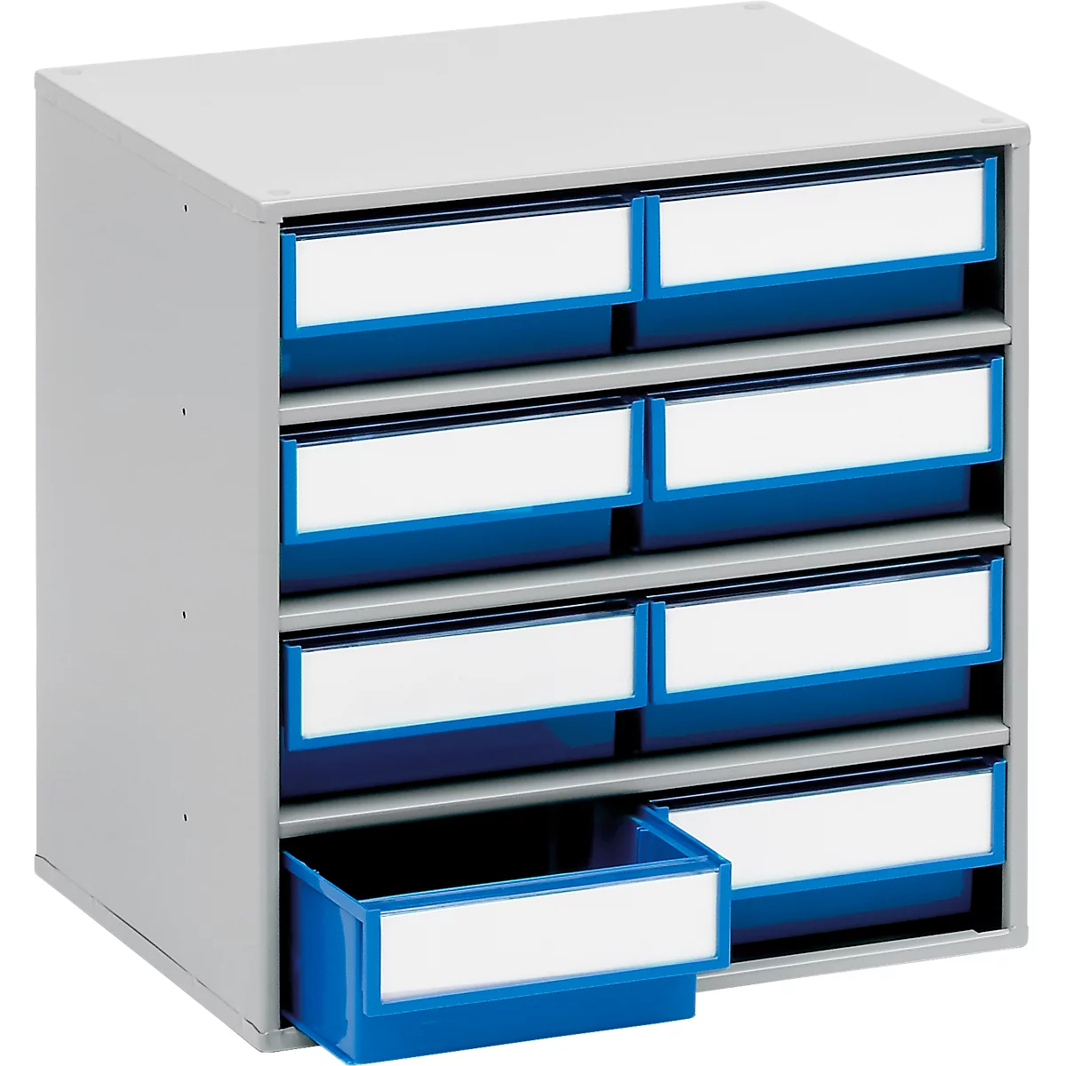 Grey cabinet with multiple drawers. The drawers are blue with white labels. One drawer is pulled out.