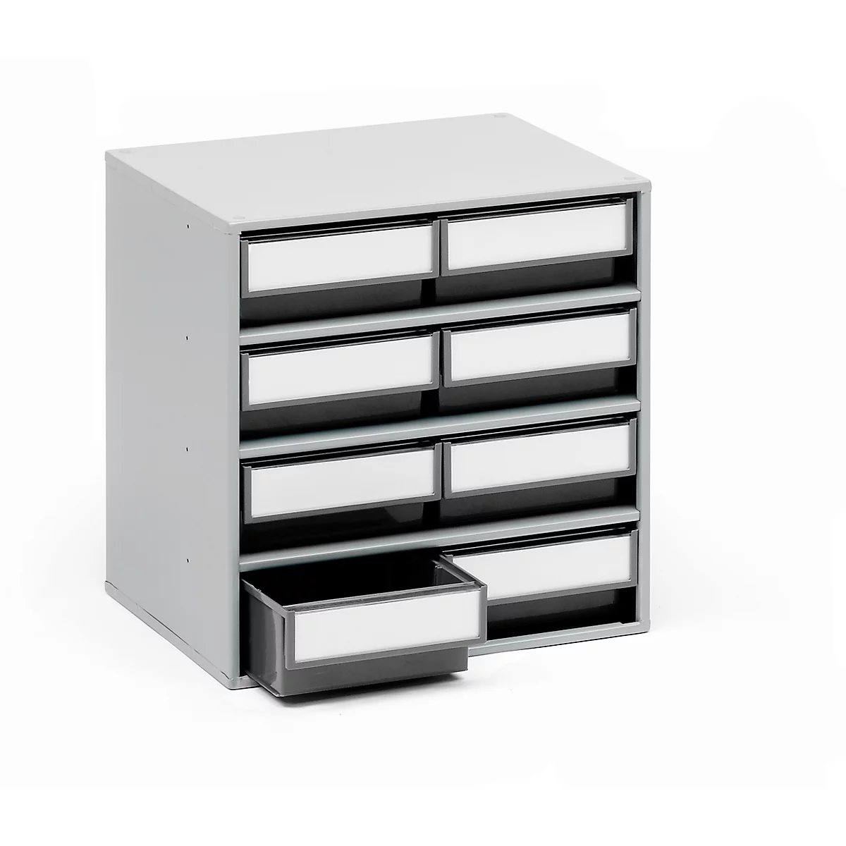 Grey, slanted drawer cabinet with eight drawers. One drawer is open.