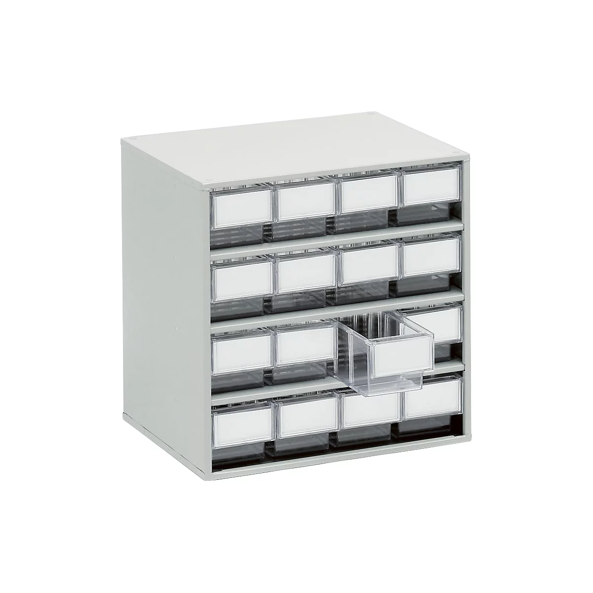 Grey drawer cabinet with 24 transparent drawers, one of which is open.