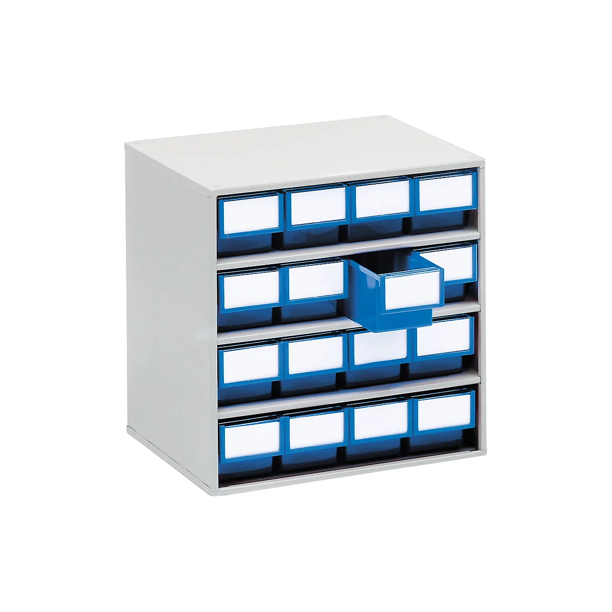 Gray drawer cabinet with blue drawers and white labels, one drawer is open.
