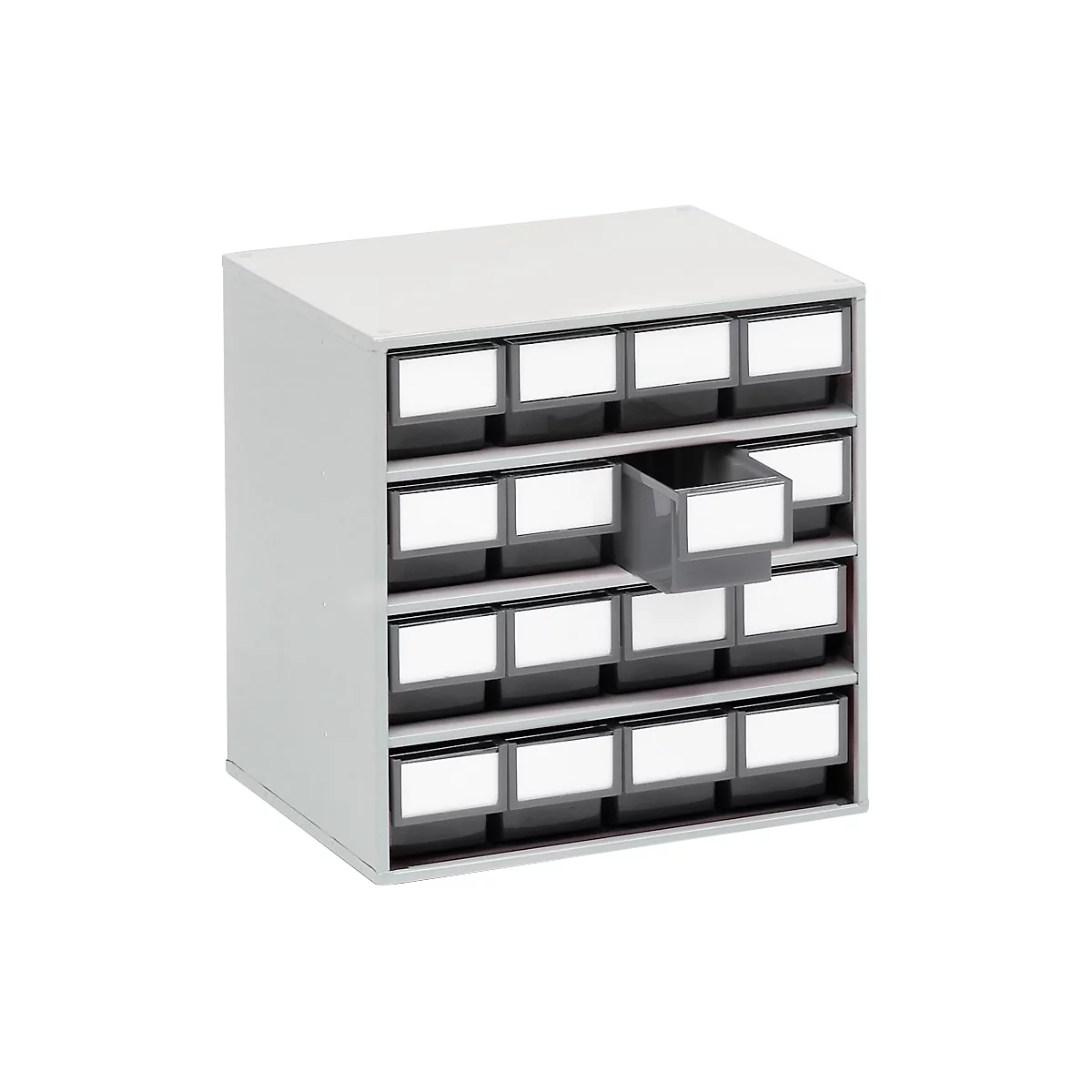 Gray drawer cabinet with many small compartments. One drawer is open.