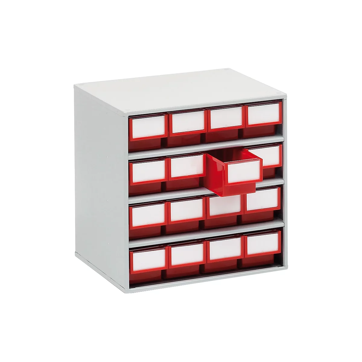 Gray cabinet with red drawers and white labels, one is open.