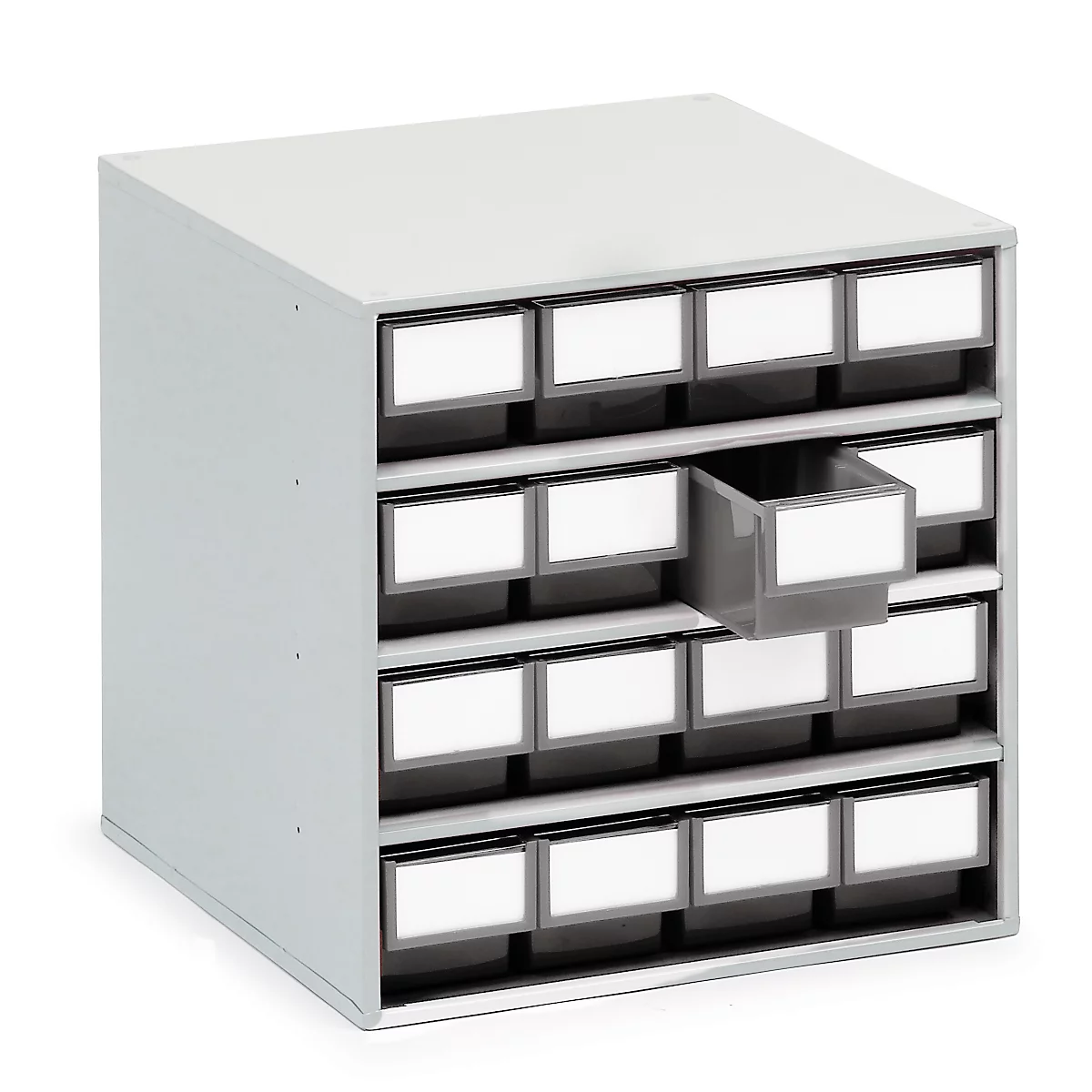 Gray drawer cabinet with 16 drawers. One drawer is open.