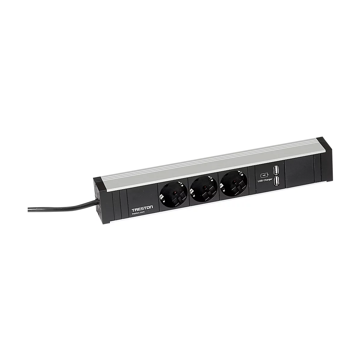 Zwart verlengsnoer met drie stopcontacten en twee USB-poorten. Zilveren strip, zwarte behuizing.