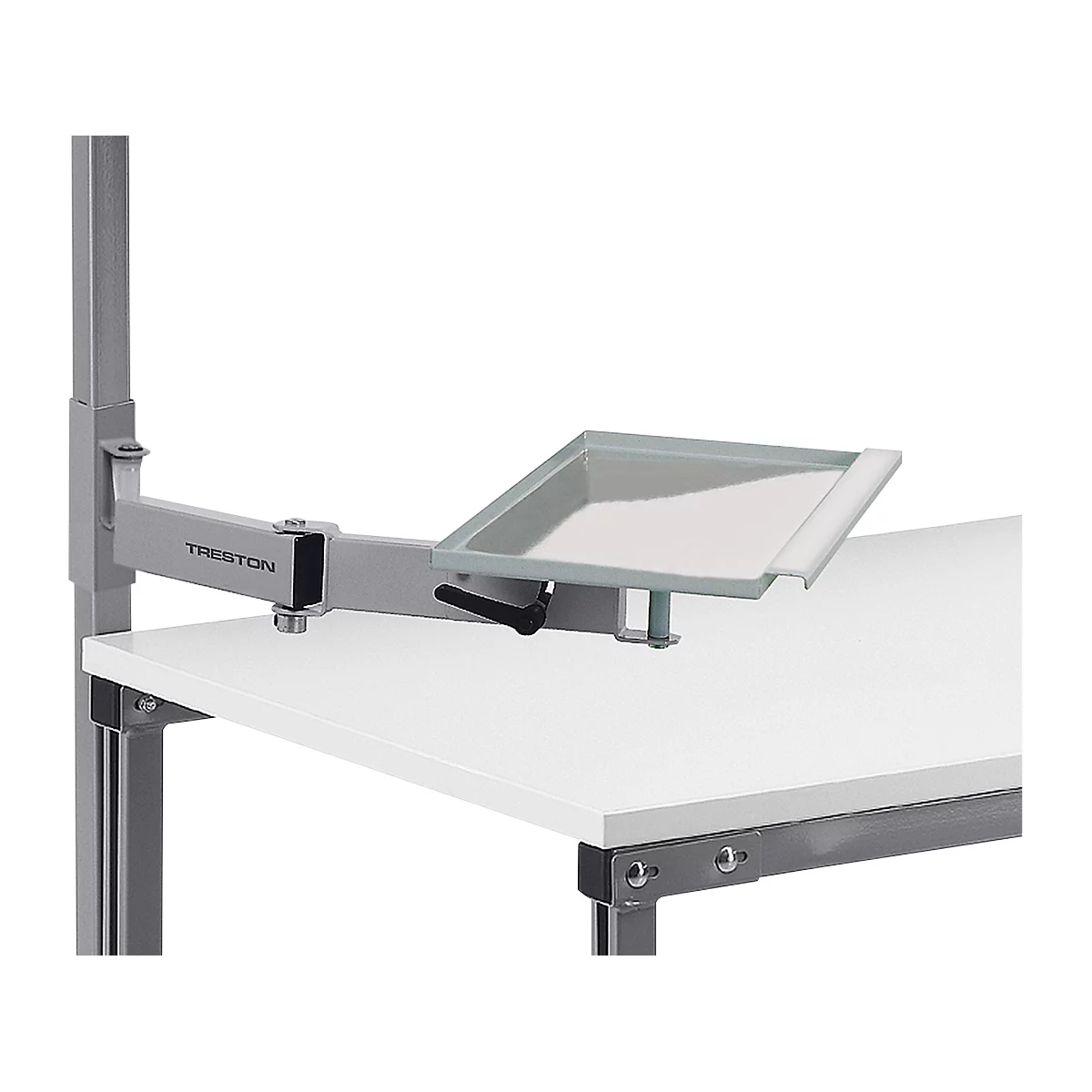 Gray tray, attached to a metal arm, mounted on a white table. The arm is attached to a metal frame.