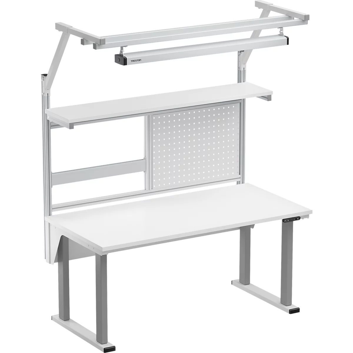 Weißer Arbeitstisch mit Regalen und integrierter Beleuchtung.