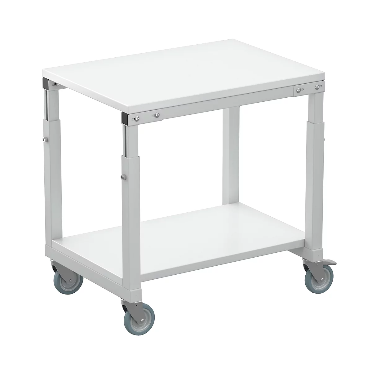 White height-adjustable serving cart with castors.