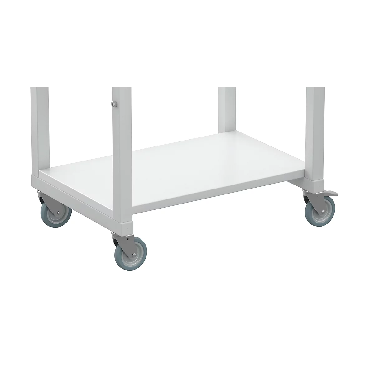 A white serving cart with two levels and gray wheels.