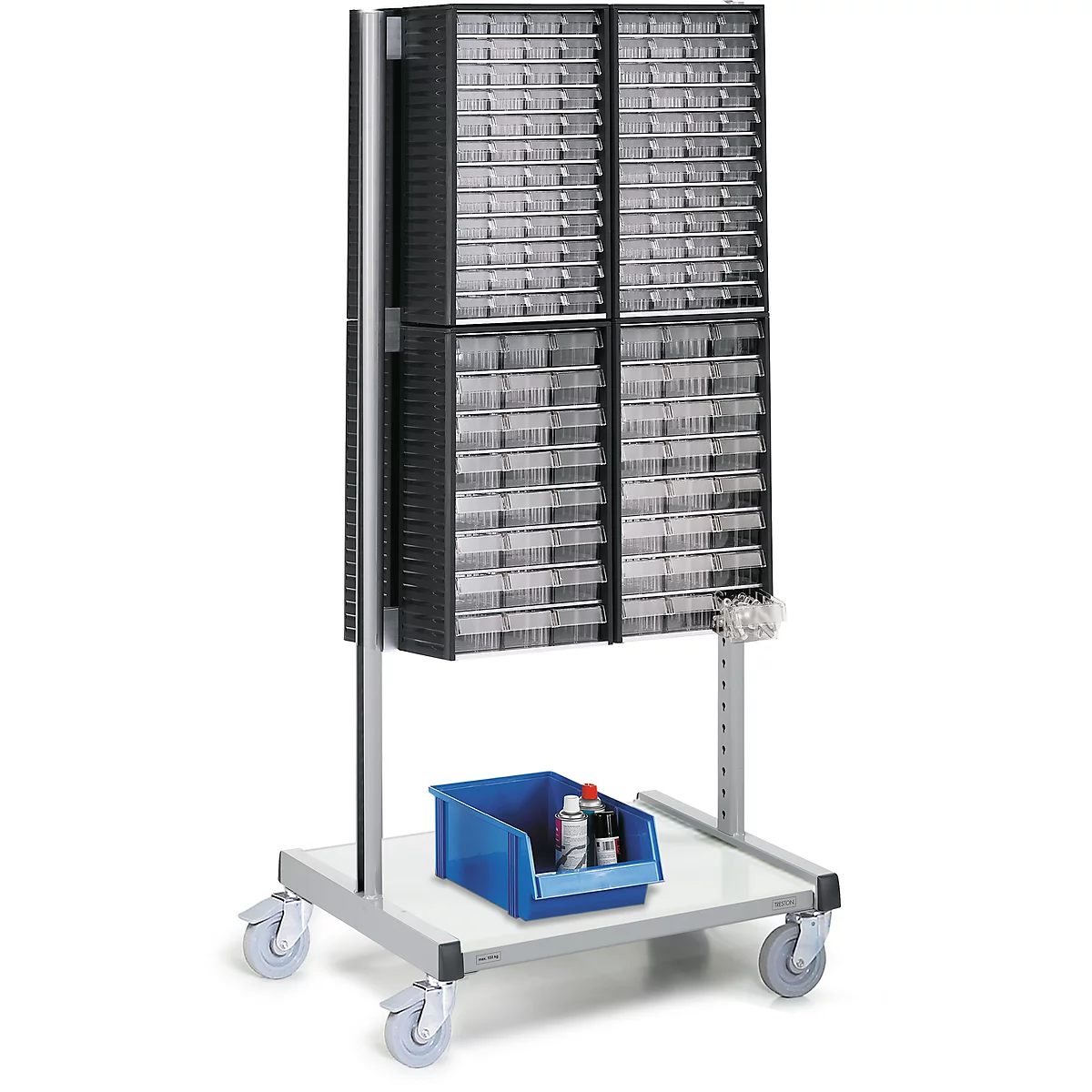 A black file cabinet on wheels. A blue box with bottles below.