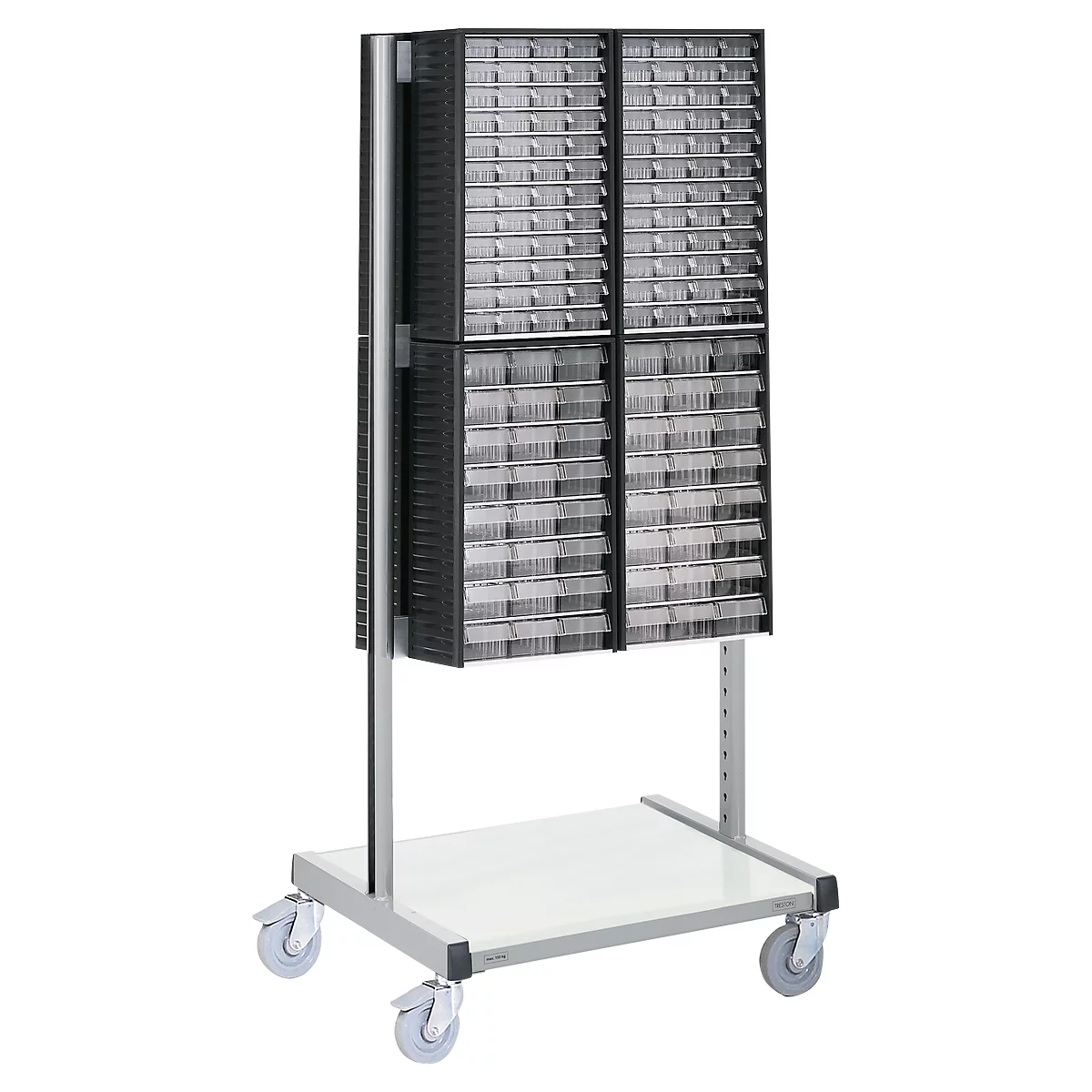 Black, rolling card file with many drawers, on a light background. Metal frame, four castors.