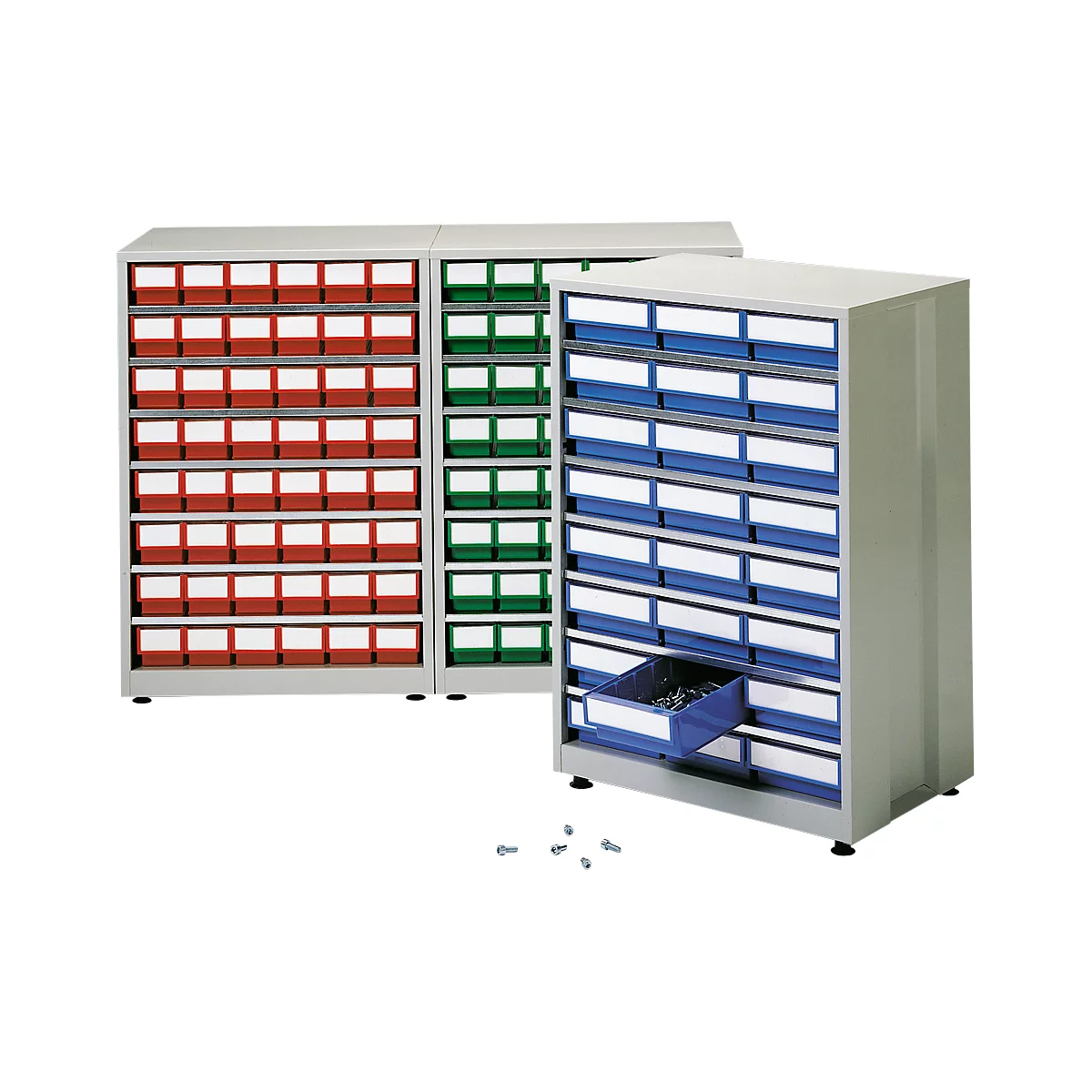 Tres armarios metálicos con cajones rojos, verdes y azules; un cajón está abierto con tornillos.