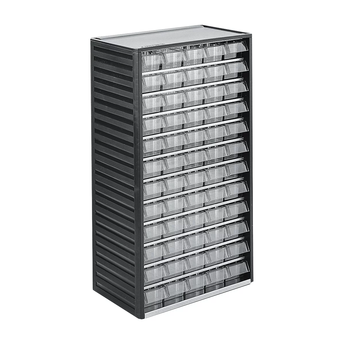 Dark gray cabinet with many transparent drawers. The cabinet has diagonal lines on the sides.