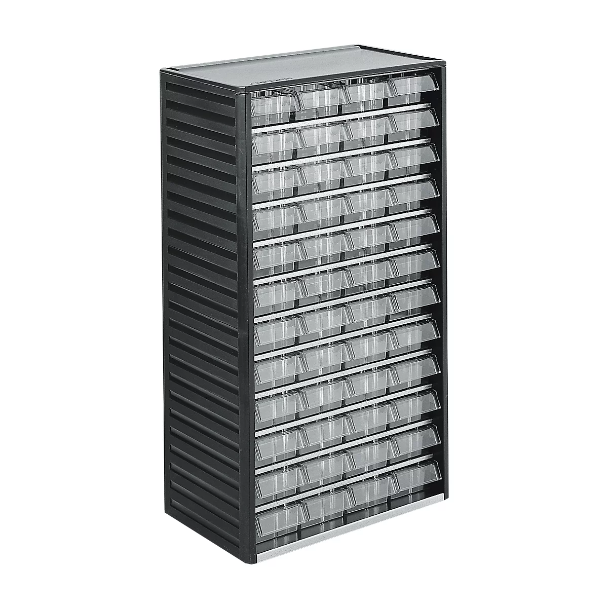 Black tool cabinet with transparent drawers. The drawers are arranged in rows.