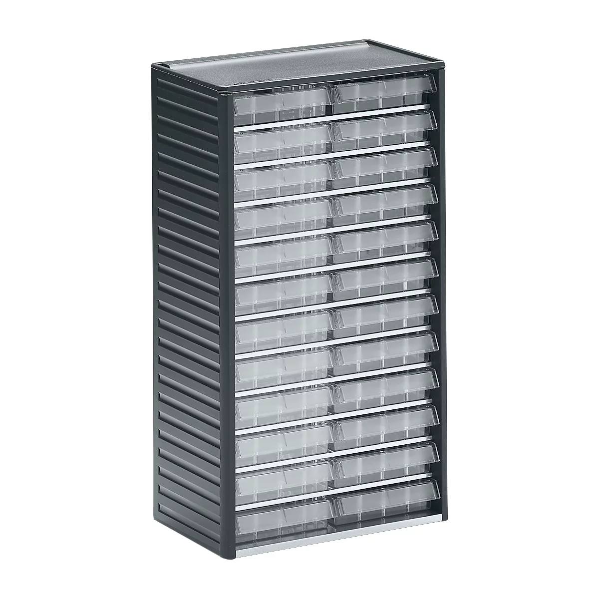 Dark grey storage cabinet with multiple transparent drawers and a slanted top.