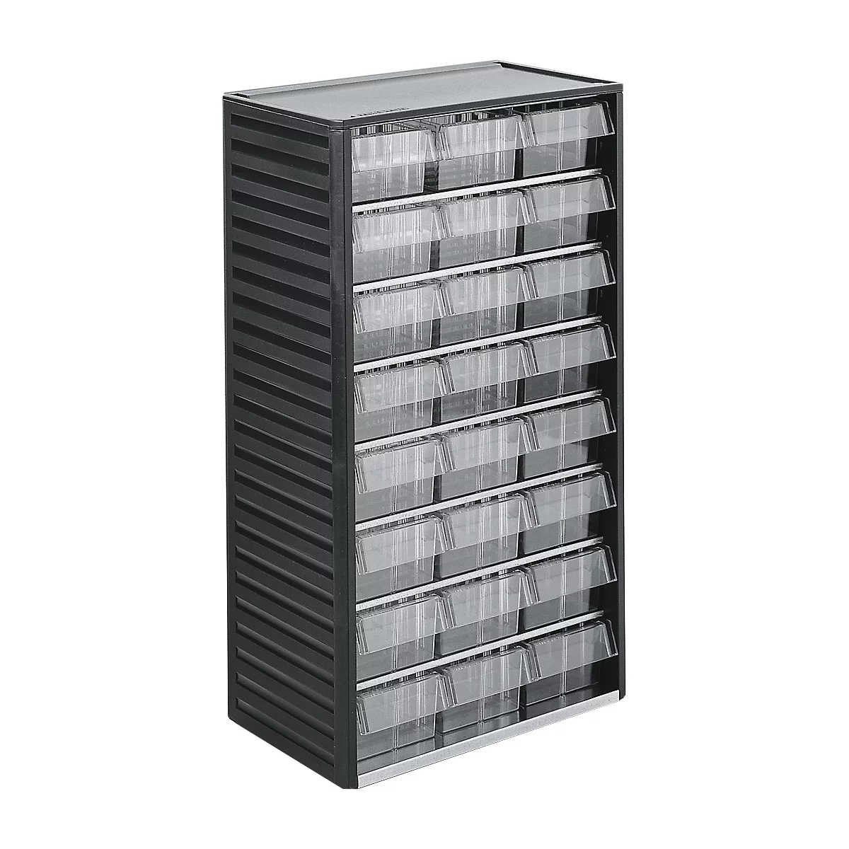 Black drawer cabinet with eight transparent drawers. The cabinet has ribbed sides and a dark surface.