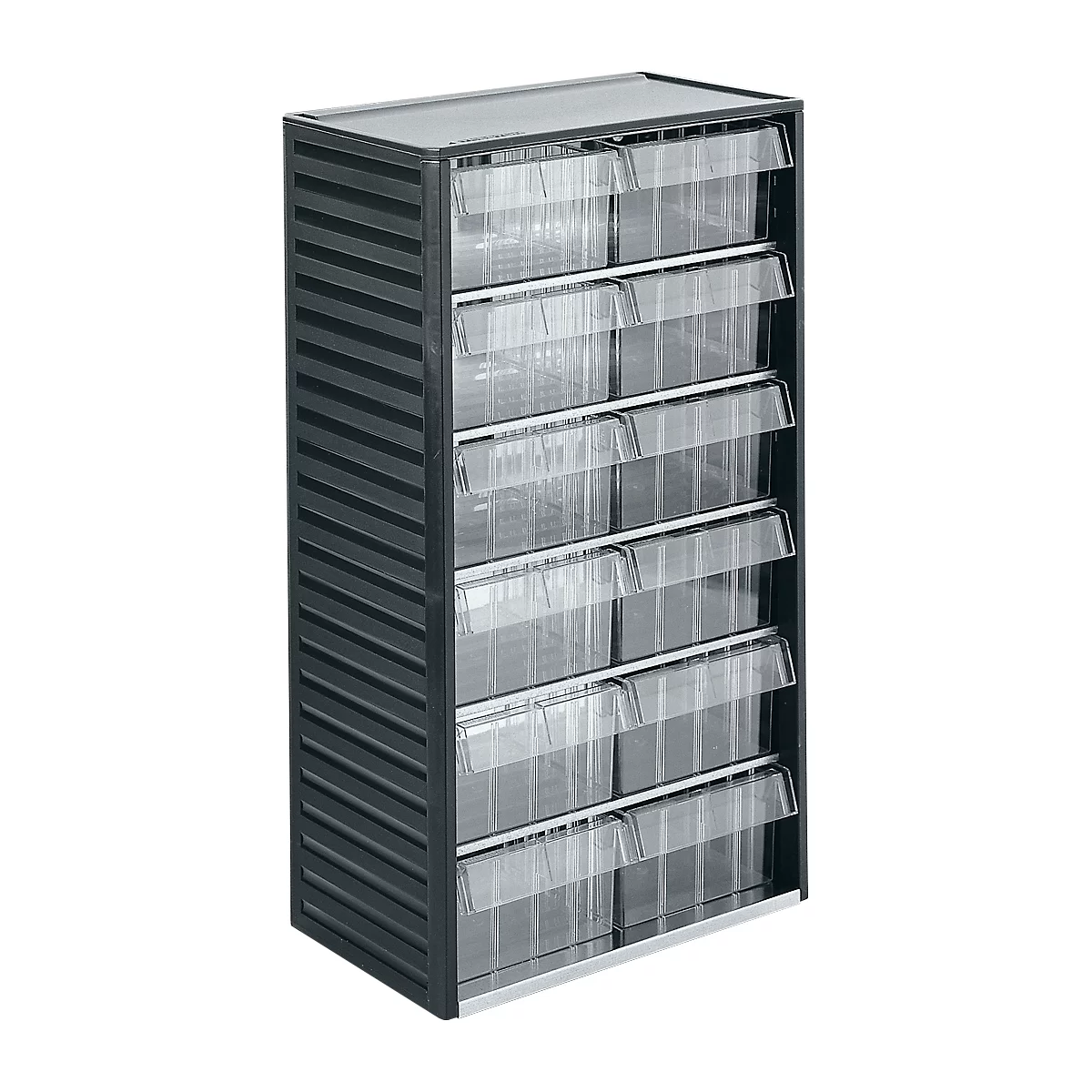 Dark gray cabinet with six transparent drawers. The sides are ribbed.