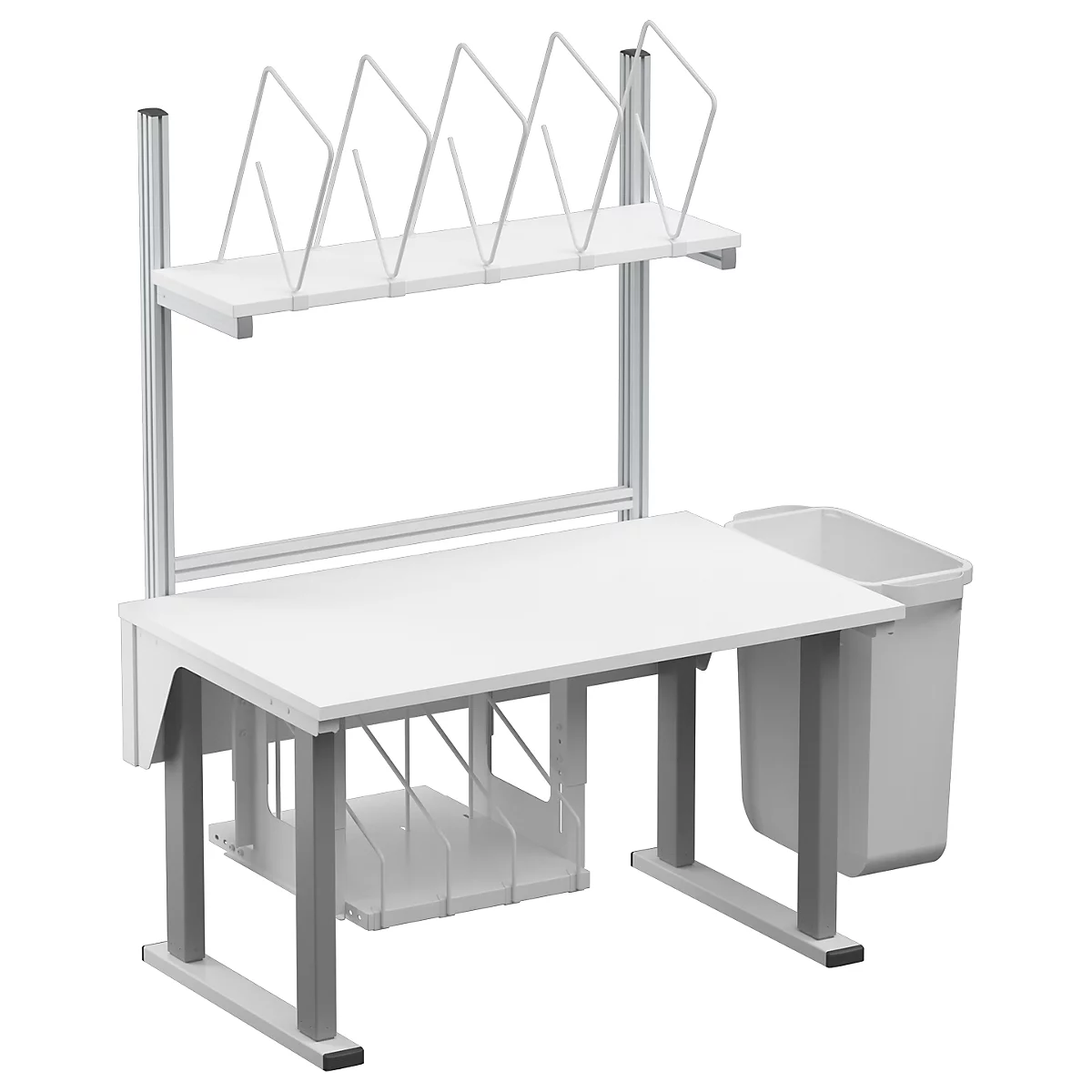 White desk with shelves, paper holders and a trash can. Gray metal frames, white surfaces.