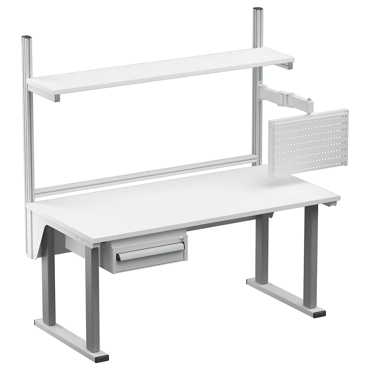 White, height-adjustable workbench with shelf, pegboard, and drawer. Gray metal legs and frame.