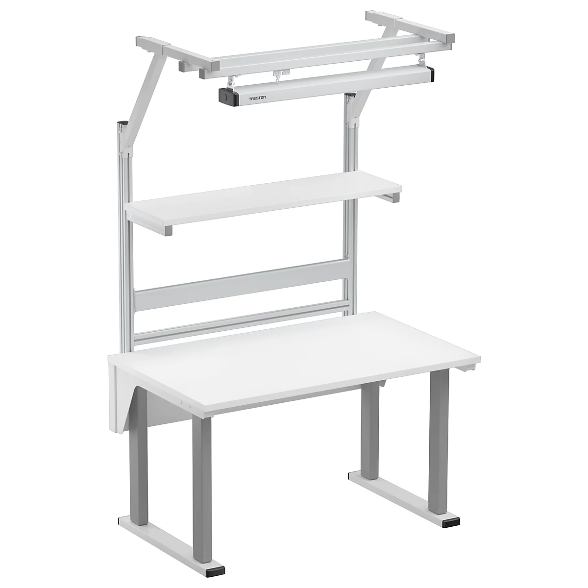 Work bench with shelves and lighting. Table top and shelves white, frame grey. Two lamps above the work bench.