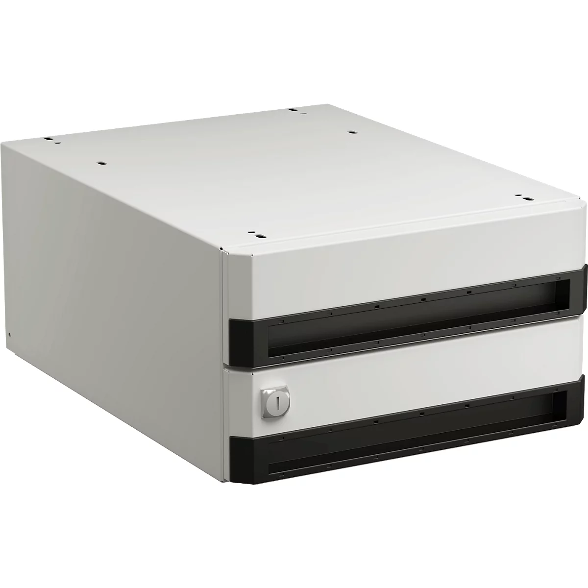 Lichtgrijze archiefkast met twee laden. De laden hebben zwarte handgrepen en een slot.