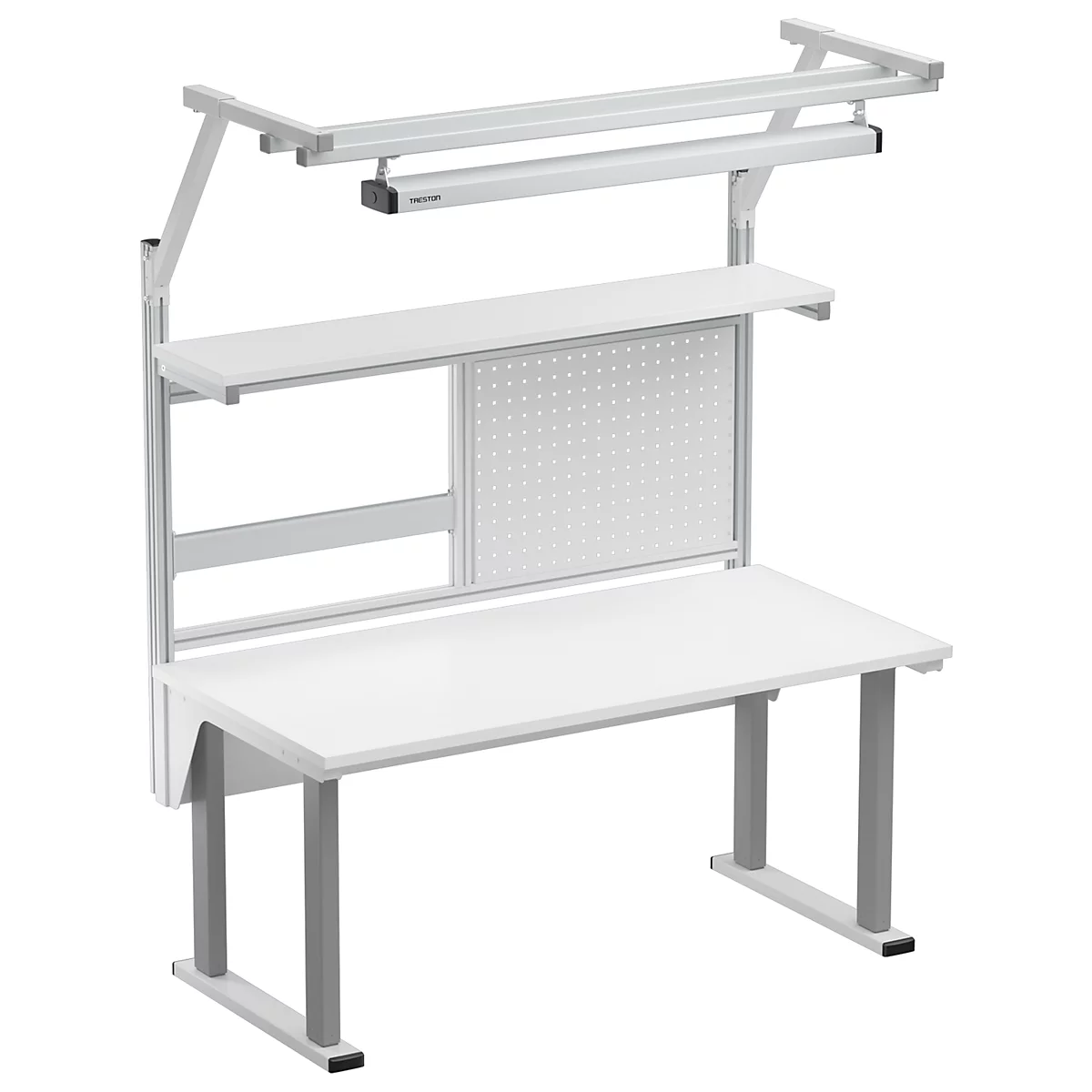 Witte werkbank met verlichting en plank. Grijze poten, geperforeerde wand, alles op een witte achtergrond.