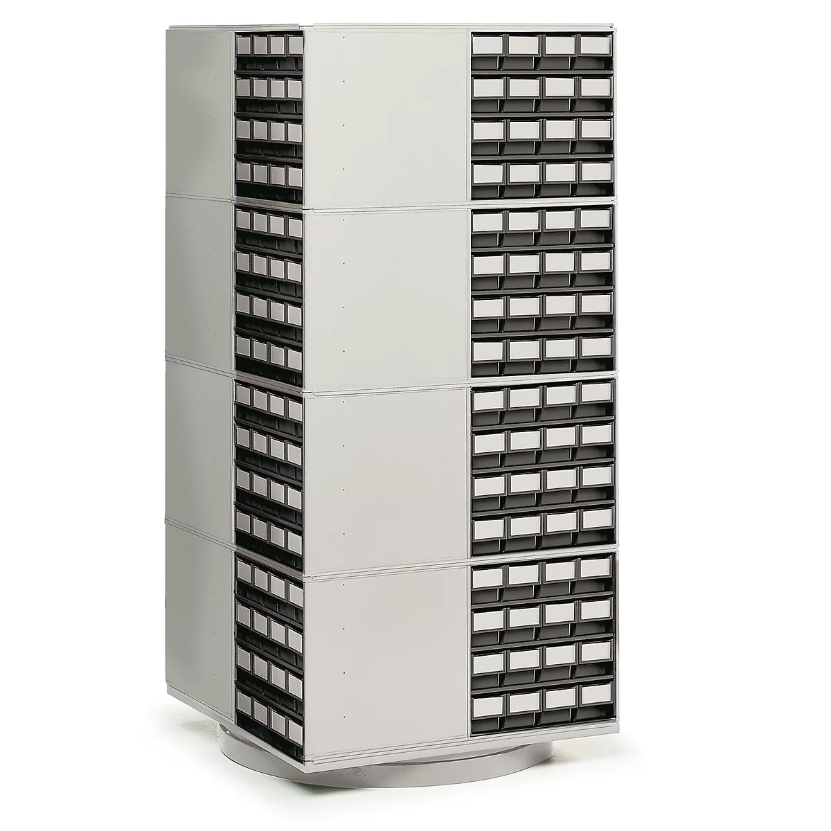A rotating gray tool cabinet with multiple rows of drawers.